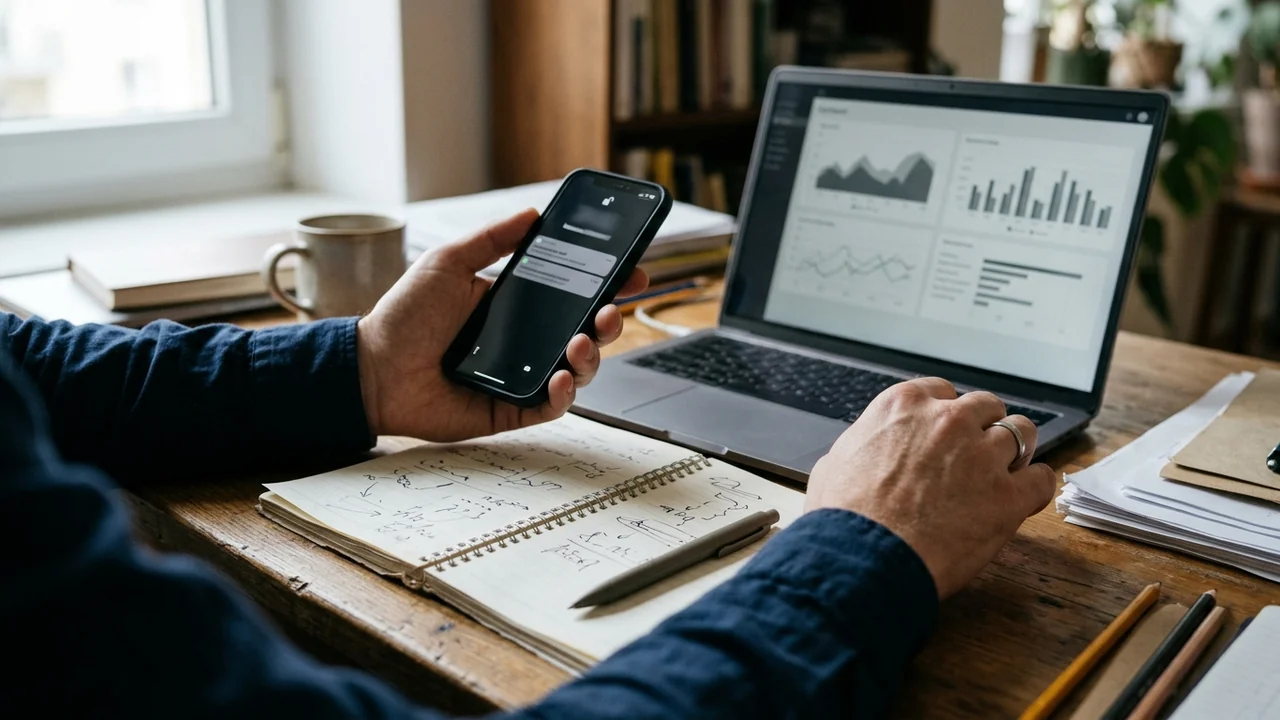 Manos comparan un teléfono y un notebook con indicadores abstractos en un escritorio de trabajo.