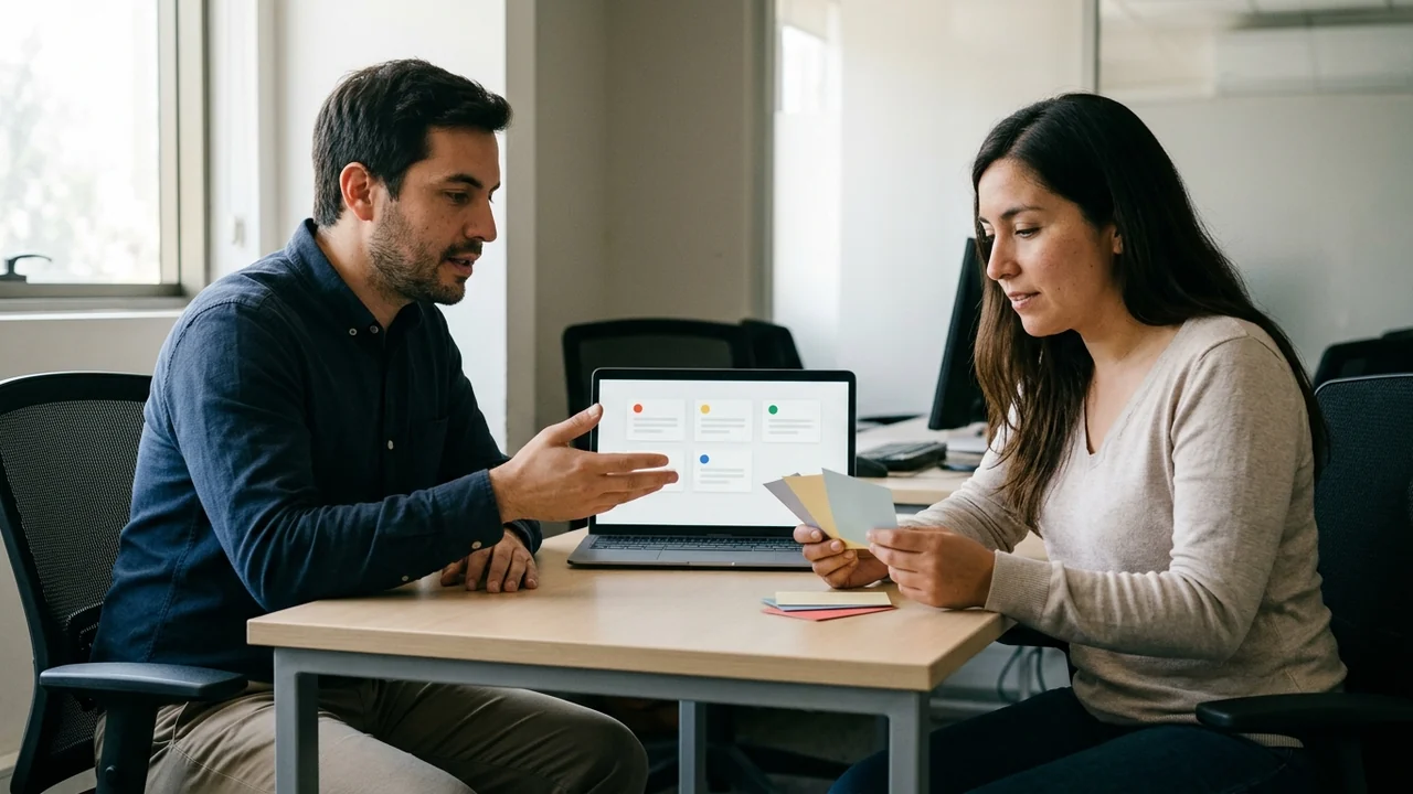 Una consultora de marketing y el dueño de un negocio revisan en un escritorio un computador portátil y tarjetas de consultas sin texto para evaluar cuáles se ajustan a la oferta.